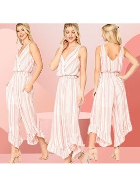 Gigio | Just Peachy Ruffle Cropped Jumpsuit Romper Pinstripe New Medium White